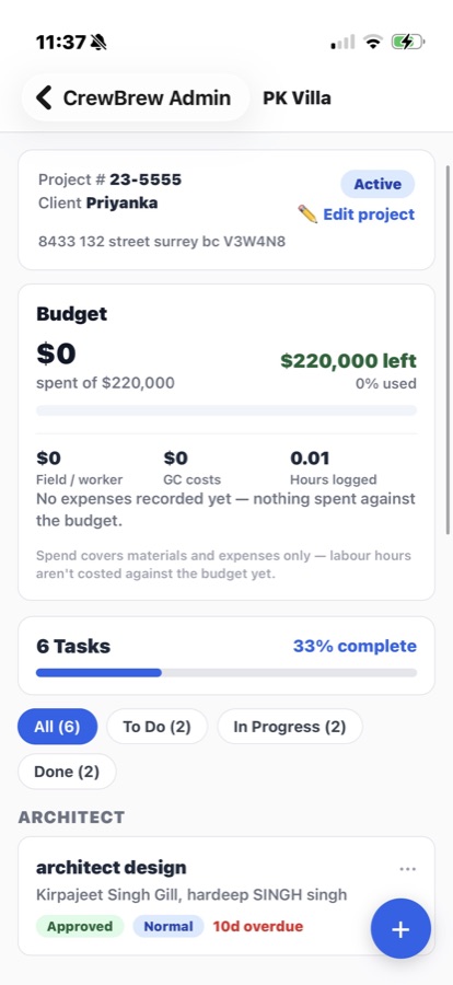 CrewBrew project budget screen