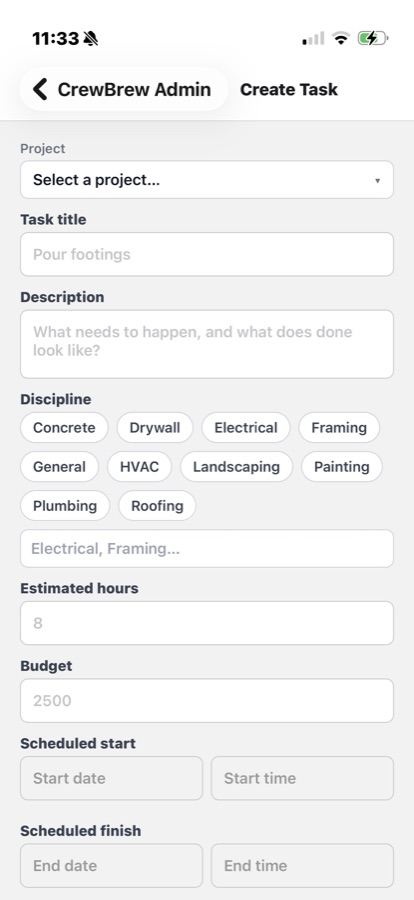 CrewBrew create task form with trade, priority and hours