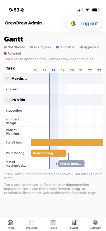 CrewBrew Gantt view showing tasks across a project timeline
