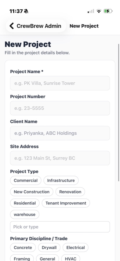 CrewBrew new project form