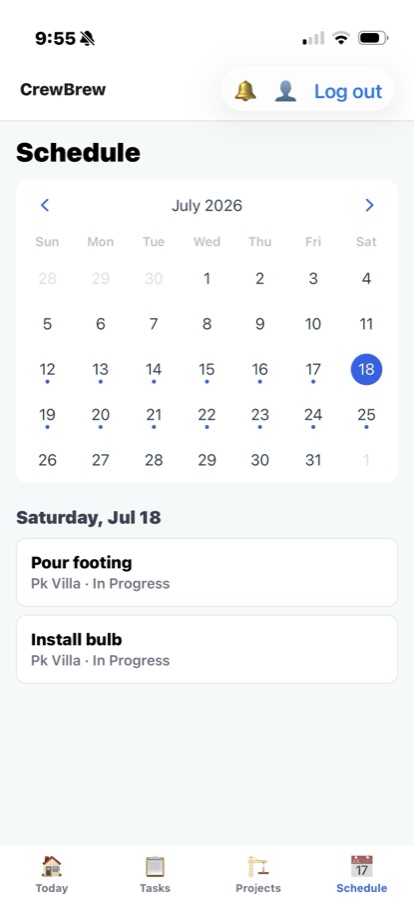 CrewBrew schedule view showing the week's tasks by day