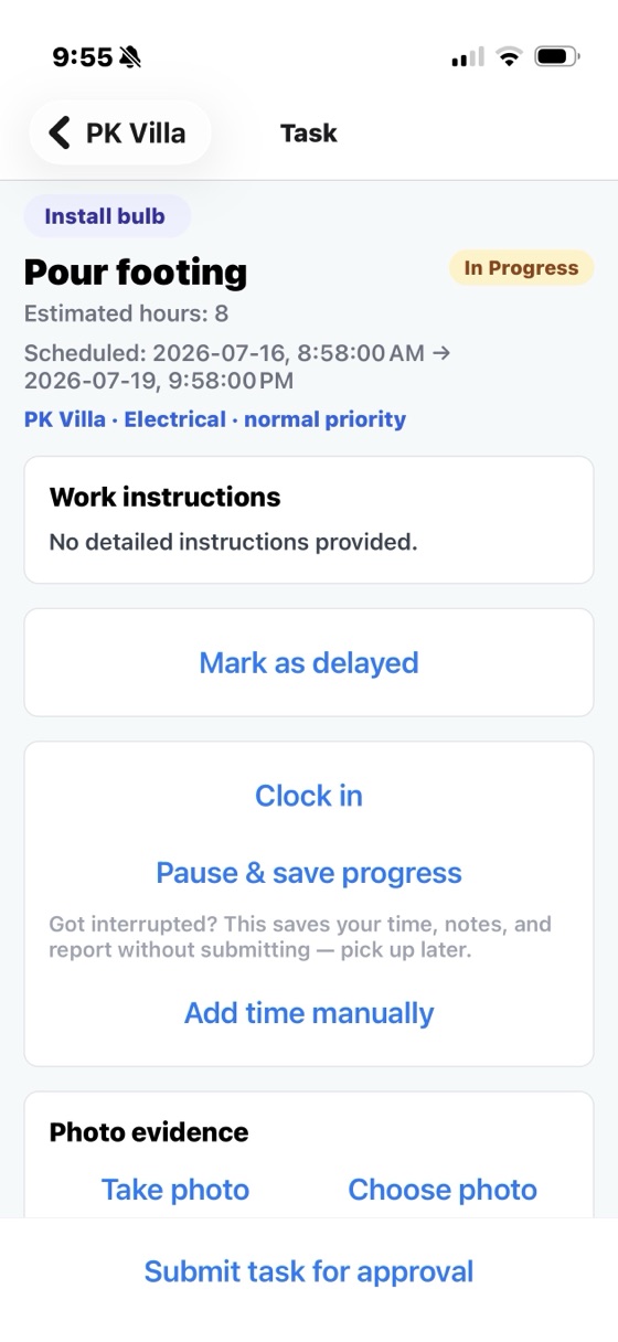 CrewBrew task detail screen with work instructions and clock in