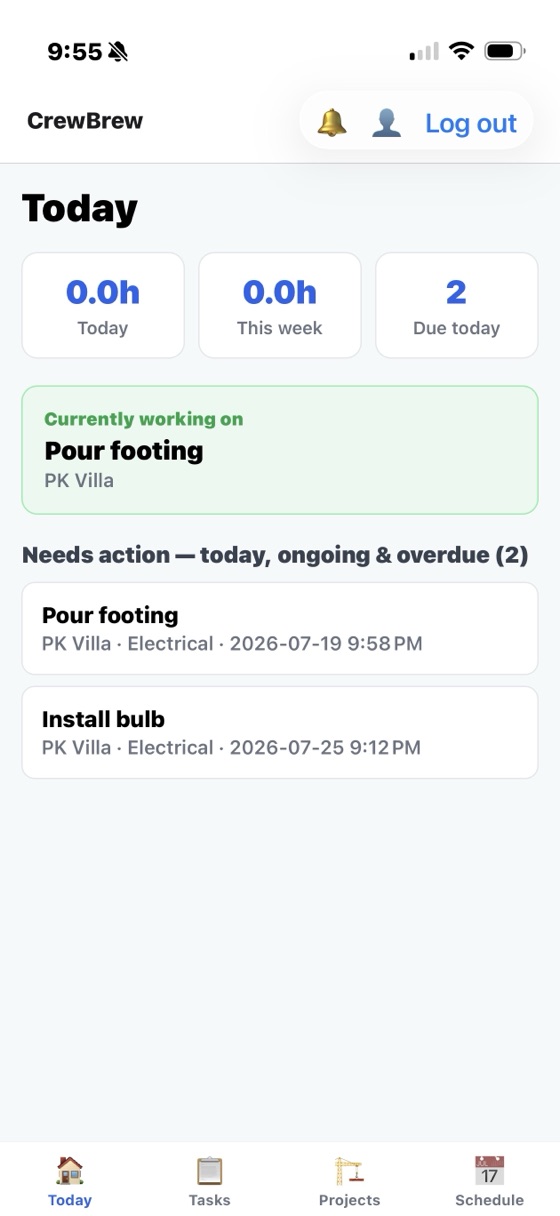 The CrewBrew worker app showing the day's assigned tasks